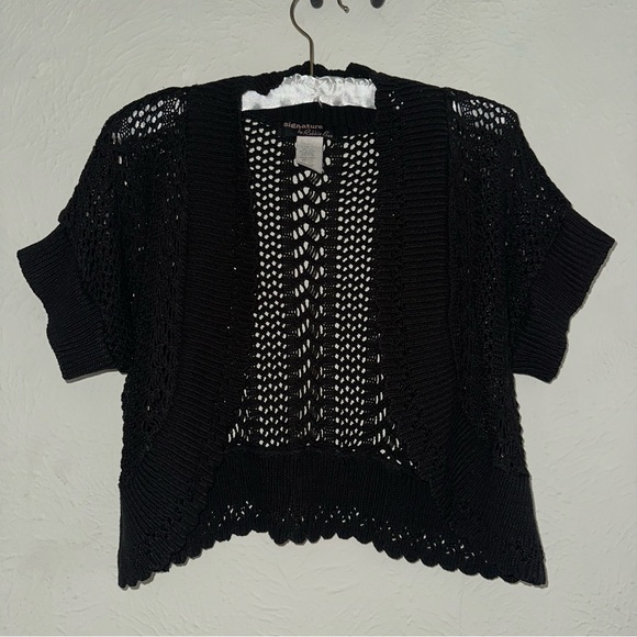 VTG crochet bolero short sleeve shrug cardigan black Y2K vintage crop top PL - Picture 6 of 6